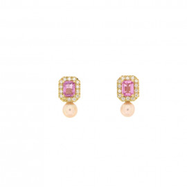 Genesia orecchini in oro giallo con zaffiro rosa, brillanti e perla rosa