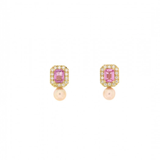 Genesia orecchini in oro giallo con zaffiro rosa, brillanti e perla rosa Genesia orecchini in oro giallo con zaffiro rosa, brillanti e perla rosa