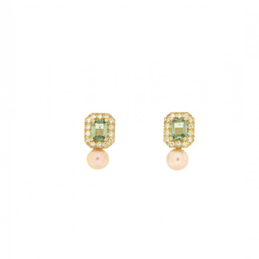 Genesia orecchini in oro giallo con zaffiro verde, brillanti e perla rosa